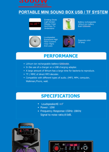 Φορητό Ηχείο Καραόκε Bluetooth 6.5″ 3000W Με Μικρόφωνο και Τηλεκοντρόλ