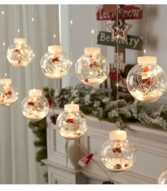 Χριστουγεννιάτικη Κουρτίνα Led 3Μ με 10 Φωτιζόμενες Μπάλες με Άι Βασίλη Χιόνι