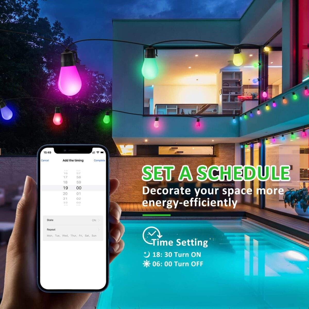 Αδιάβροχη Γιρλάντα RGB Κήπου Με 15 LED Λάμπες 220V/14m electronistas.gr