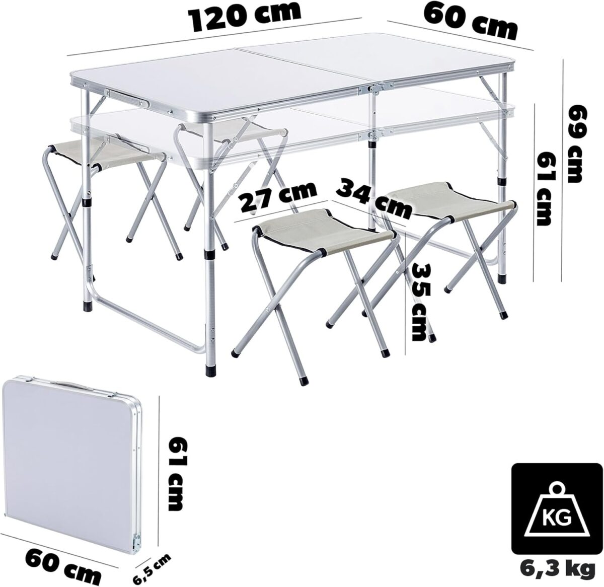 Πτυσσόμενη Τραπεζαρία Πικ-Νικ 120x70x60cm – Λευκή electronistas.gr