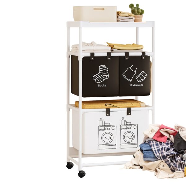 Τροχήλατη Μεταλλική Ραφιέρα Μπάνιου 3 Επιπέδων με Καλάθια Απλύτων 57x28x123cm electronistas.gr