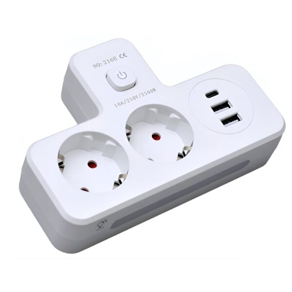 Πολύπριζο 2500W με 2 Πρίζες, 2 USB-A & 1 USB-C με Γρήγορη Φόρτιση & Φωτάκι electronistas.gr