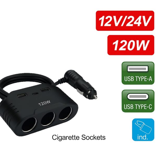 Φορτιστής Αυτοκινήτου 120W με 2 Θύρες USB & Type-C – 12V/24V electronistas.gr