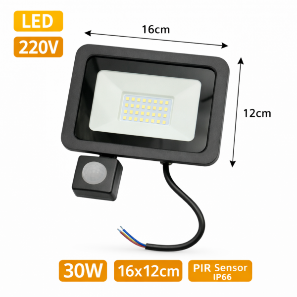 LED Προβολέας 220V 30W 16x12cm PIR Sensor IP66 electronistas.gr