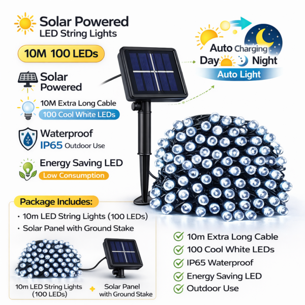 Ηλιακά Λαμπάκια LED 10m 100L Ψυχρό Λευκό electronistas.gr