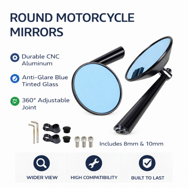 Σετ 2τμχ Στρογγυλοί Καθρέφτες Μοτοσυκλέτας CNC Αλουμινίου με Μπλε Φακό electronistas.gr