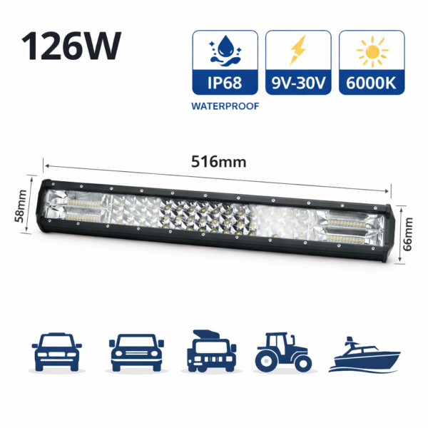 Μπάρα Φωτισμού LED 126W 6000K 28800LM IP68 9–30V electronistas.gr