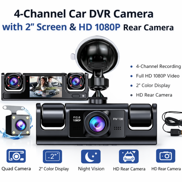 Κάμερα DVR Αυτοκινήτου 4 Καναλιών με Οθόνη 2″ & Κάμερα Οπισθοπορείας HD 1080P electronistas.gr