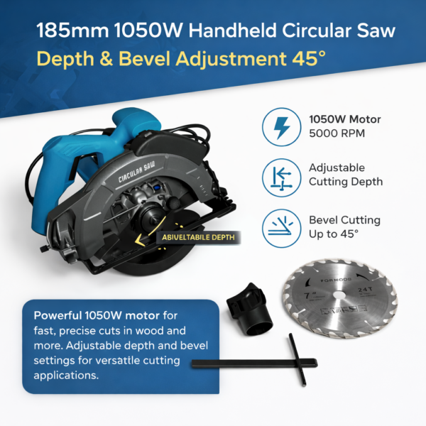 Δισκοπρίονο Χειρός 185mm 1050W με Ρύθμιση Βάθους & Φαλτσοκοπή 45° electronistas.gr