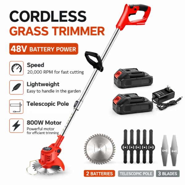 Ασύρματο Χορτοκοπτικό 48V με 2 Μπαταρίες & Τηλεσκοπικό Κοντάρι electronistas.gr