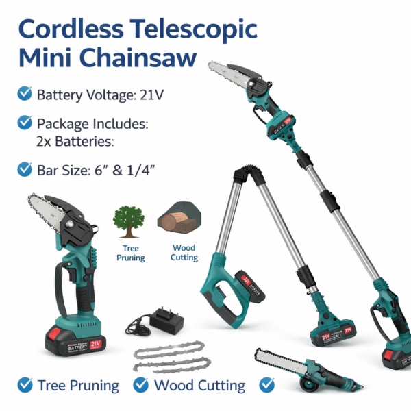 Φορητό Αλυσοπρίονο 21V με Τηλεσκοπικό Κοντάρι & 2 Μπαταρίες Mini 6" electronistas.gr