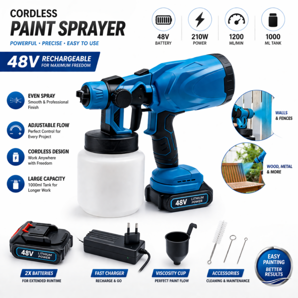 Επαναφορτιζόμενο Πιστόλι Βαφής 48V με 2 Μπαταρίες & Δοχείο 1000ml electronistas.gr