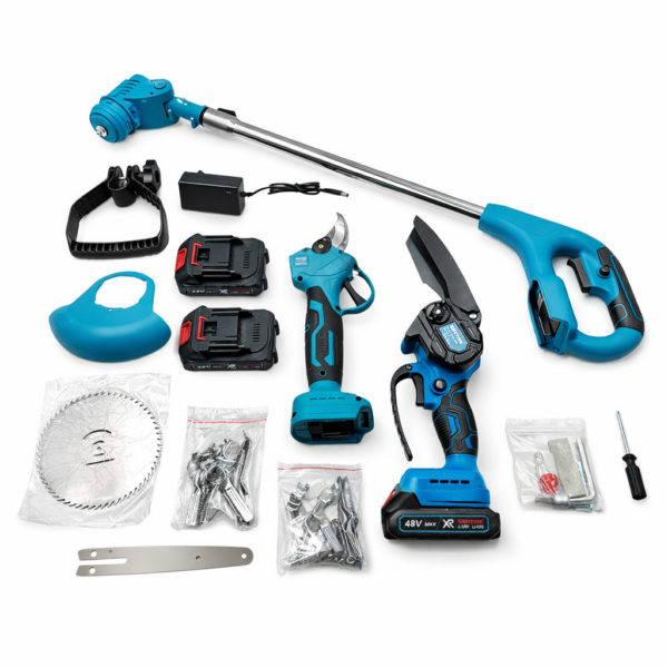 Σετ 3 σε 1 Χορτοκοπτικό, Ψαλίδι Κλαδέματος & Αλυσοπρίονο 48V με 2 Μπαταρίες electronistas.gr