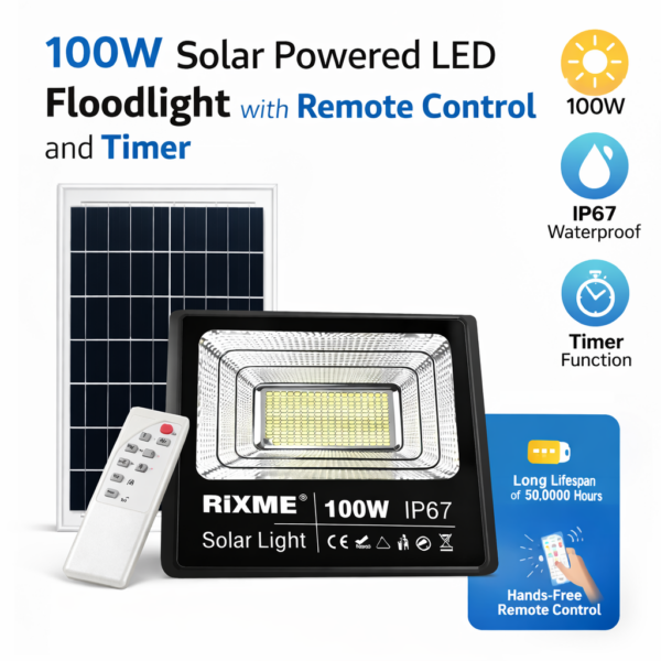 Ηλιακός Προβολέας LED 100W με Πάνελ, Τηλεχειριστήριο & Χρονοδιακόπτη IP67 electronistas.gr