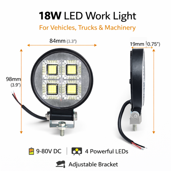LED Προβολέας Εργασίας 18W Στρογγυλός 9-80V electronistas.gr