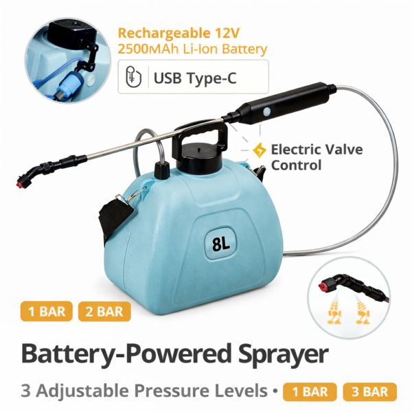Ψεκαστήρας Μπαταρίας 8Lt με Ηλεκτρική Βαλβίδα USB-C electronistas.gr