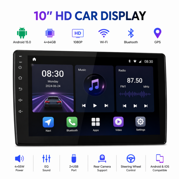 Οθόνη Αυτοκινήτου HD 10" 4GB RAM / 64GB ROM Android 15 με WiFi, GPS & Bluetooth electronistas.gr