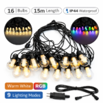 LED Αδιάβροχη Γιρλάντα 220V 15m με 16 Λάμπες RGB / Θερμό Λευκό & 9 Λειτουργίες electronistas.gr