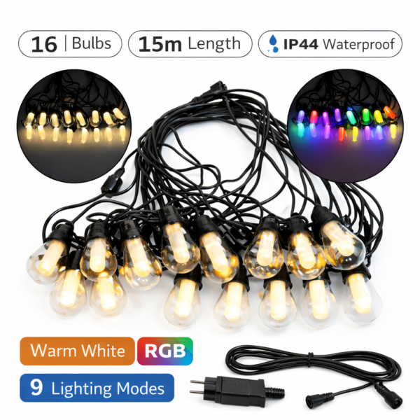 LED Αδιάβροχη Γιρλάντα 220V 15m με 16 Λάμπες RGB / Θερμό Λευκό & 9 Λειτουργίες electronistas.gr
