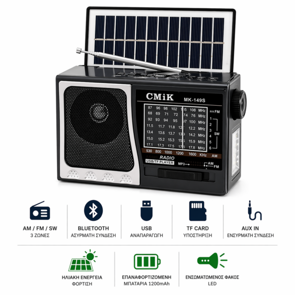 Ηλιακό Ραδιόφωνο με Bluetooth, USB & Φακό electronistas.gr