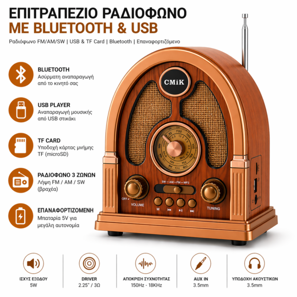 Επιτραπέζιο Ραδιόφωνο με Bluetooth & USB electronistas.gr
