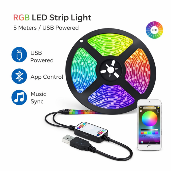 Ασύρματη Ταινία LED RGB 5V 5m 5050 με Συγχρονισμό Μουσικής (Χωρίς Τηλεχειριστήριο) electronistas.gr