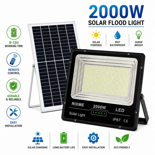 Στεγανός Ηλιακός Προβολέας LED 2000W με Τηλεχειριστήριο IP67 electronistas.gr