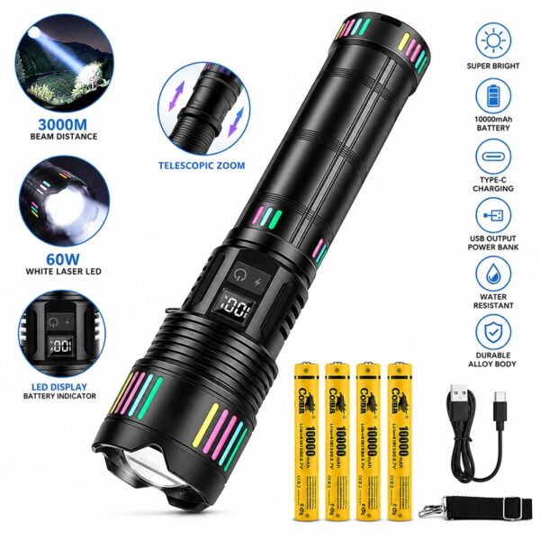 Πανίσχυρος LED Επαναφορτιζόμενος Φακός White Laser 60W με Zoom & Powerbank electronistas.gr