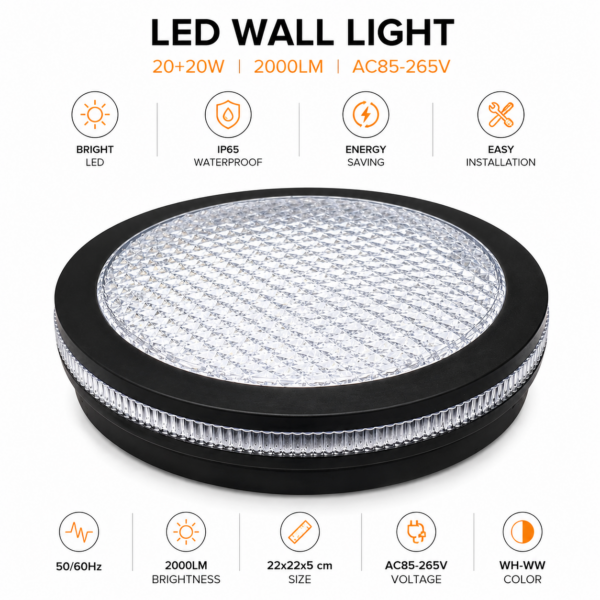 Φωτιστικό Τοίχου LED Μαύρο 20+20W 2000lm electronistas.gr