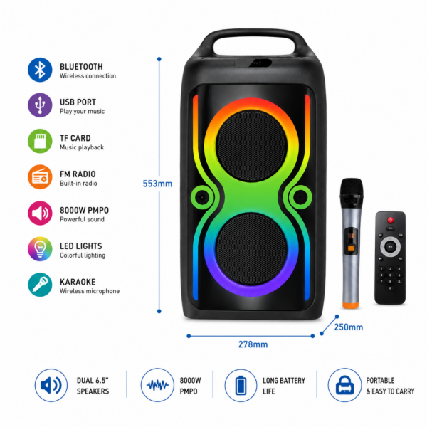Φορητό Ηχείο Karaoke 8000W 2×6.5" με Ασύρματο Μικρόφωνο & LED Φωτισμό electronistas.gr