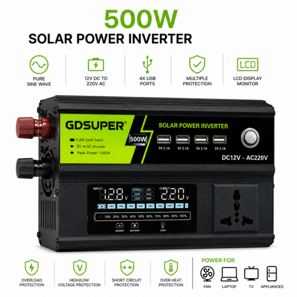 Μετατροπέας Ρεύματος 500W 12V/24V DC σε 220V/110V AC με Οθόνη LCD & 4 Θύρες USB electronistas.gr