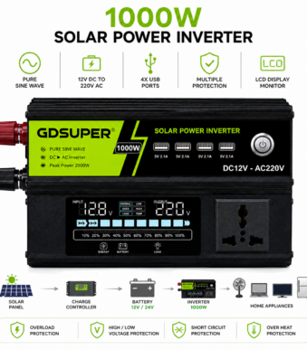 Μετατροπέας Ρεύματος 1000W 12V/24V DC σε 220V/110V AC με Οθόνη LCD & 4 Θύρες USB electronistas.gr