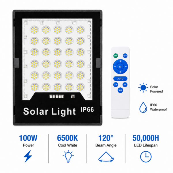Ηλιακός Προβολέας LED 100W IP66 με Τηλεχειριστήριο 6500K electronistas.gr