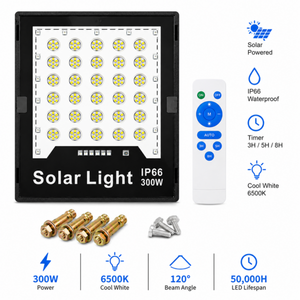 Ηλιακός Προβολέας LED 300W IP66 με Τηλεχειριστήριο 6500K electronistas.gr