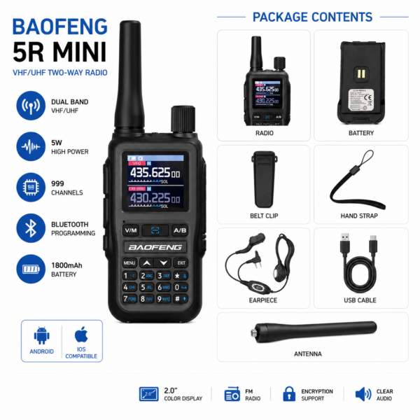 Mini Ασύρματος Πομποδέκτης Baofeng 5RMINI1 UHF/VHF 5W με Bluetooth electronistas.gr