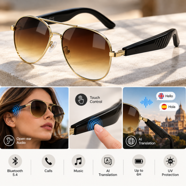 Έξυπνα Γυαλιά Bluetooth με AI Μετάφραση & Φωνητική Πλοήγηση – Χρυσό electronistas.gr