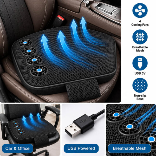 Δροσερό Μαξιλάρι Καθίσματος Αυτοκινήτου USB με 4 Ανεμιστήρες electronistas.gr