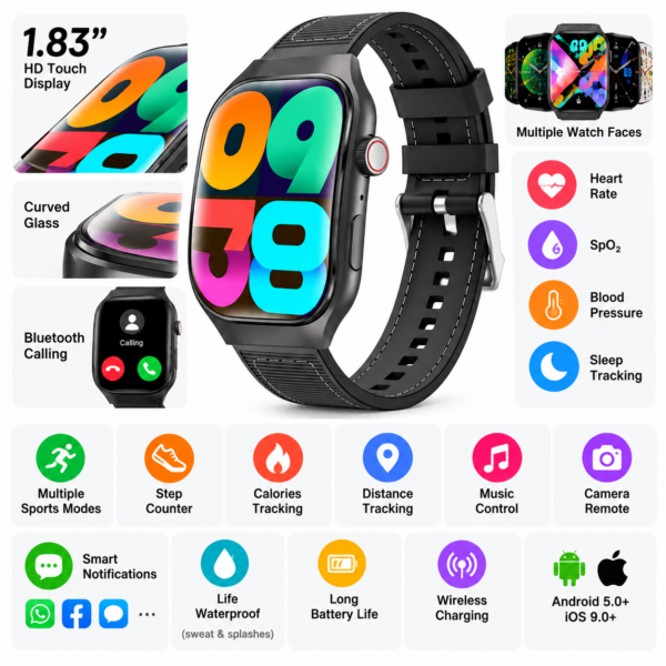 Smartwatch 1.83″ με Κυρτό Γυαλί & Bluetooth Κλήσεις electronistas.gr