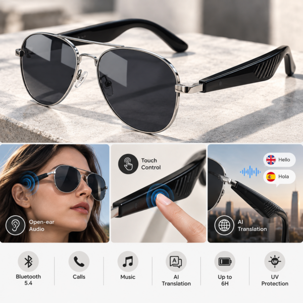 Έξυπνα Γυαλιά Bluetooth με AI Μετάφραση, Φωνητική Πλοήγηση & Φακούς UV electronistas.gr
