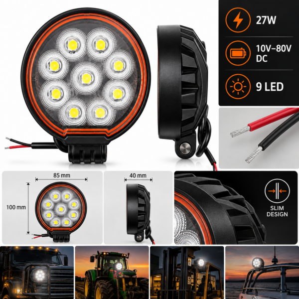Στρογγυλός Προβολέας Εργασίας LED 27W Slim 85mm Universal 10V–80V DC electronistas.gr