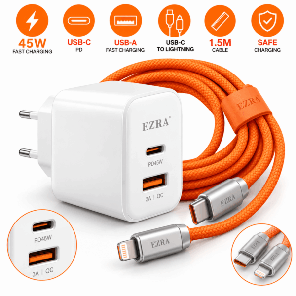 Ταχυφορτιστής 45W με Θύρες USB-A / USB-C & Καλώδιο USB-C σε Lightning electronistas.gr