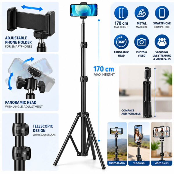 Τρίποδο Smartphone 170cm με Ρυθμιζόμενη Βάση & Πανοραμική Κεφαλή electronistas.gr